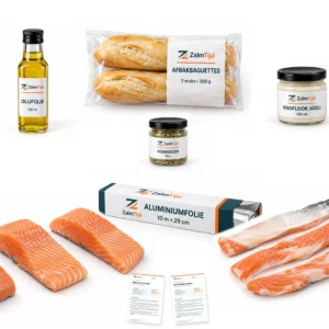 Compleet BBQ-pakket met verse zalmmoten, zalmbuikstukken, olijfolie, afbakbaguettes, knoflookaioli, viskruiden, aluminiumfolie en twee receptkaarten