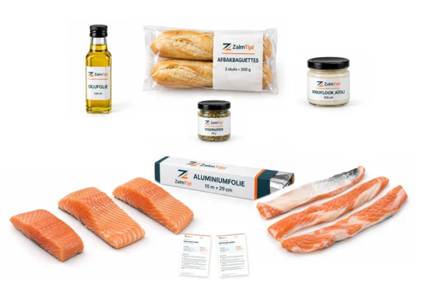 Compleet BBQ-pakket met verse zalmmoten, zalmbuikstukken, olijfolie, afbakbaguettes, knoflookaioli, viskruiden, aluminiumfolie en twee receptkaarten