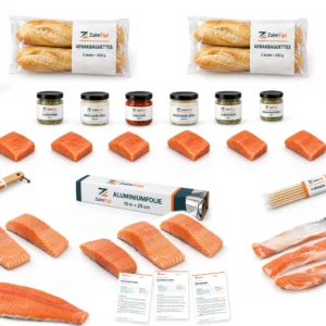 Compleet BBQ-pakket XL met verse zalmmoten, huidloze zalmstukjes, zalmbuikstukken, zalmstaartstuk, brood, olie, dips, kruiden, folie, spiesen, spatel en drie receptkaarten