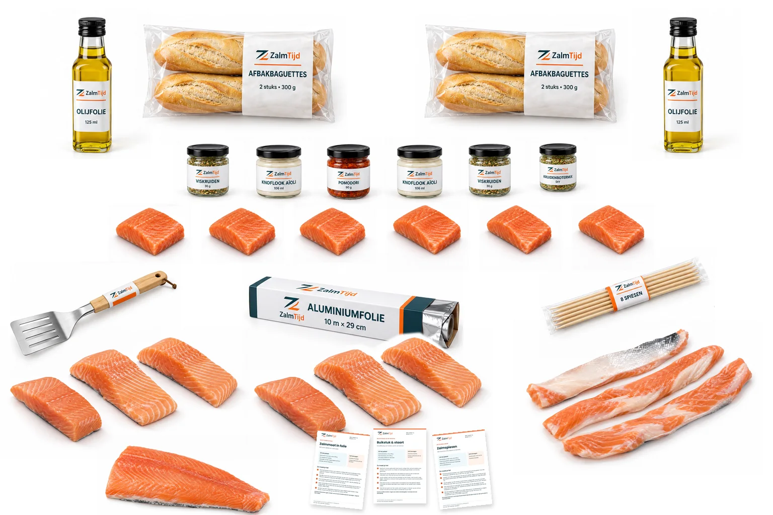 Compleet BBQ-pakket XL met verse zalmmoten, huidloze zalmstukjes, zalmbuikstukken, zalmstaartstuk, brood, olie, dips, kruiden, folie, spiesen, spatel en drie receptkaarten