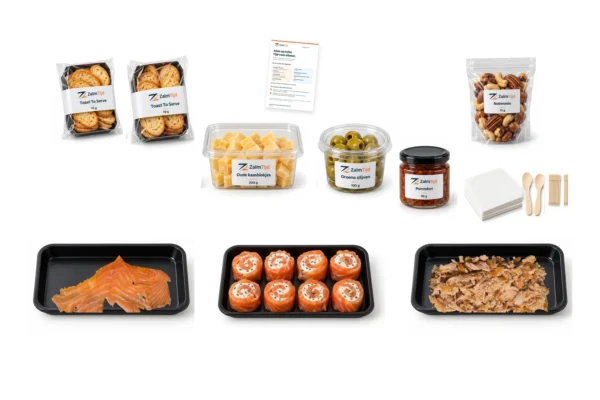Compleet Borrelpakket met koudgerookte zalm, pulled zalm, acht zalmrolletjes met roomkaas en bieslook, kaasblokjes, toast, olijven, noten, tapenade, serveerextra’s en borrelkaart