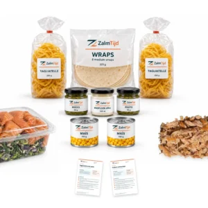 Compleet Familiepakket met roerbakgroente met zalm, pulled zalm, tagliatelle, wraps, pesto, knoflookaioli, mais en twee receptkaarten