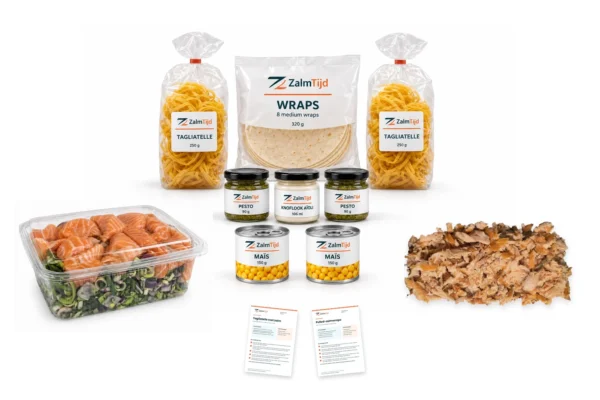 Compleet Familiepakket met roerbakgroente met zalm, pulled zalm, tagliatelle, wraps, pesto, knoflookaioli, mais en twee receptkaarten