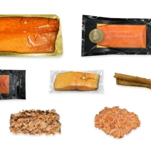 Gerookte-zalmpakket met een halve warmgerookte zalmzijde, halve koudgerookte zalmzijde, gesneden koudgerookte zalm, warmgerookte zalmmoot, zalmbuikstukken, pulled zalm en zalmsnippers