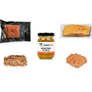 Proefpakket met een potje saus centraal, koudgerookte zalm, een warmgerookte moot, pulled zalm en zalmsnippers eromheen