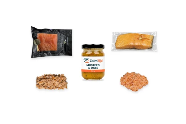 Proefpakket met een potje saus centraal, koudgerookte zalm, een warmgerookte moot, pulled zalm en zalmsnippers eromheen